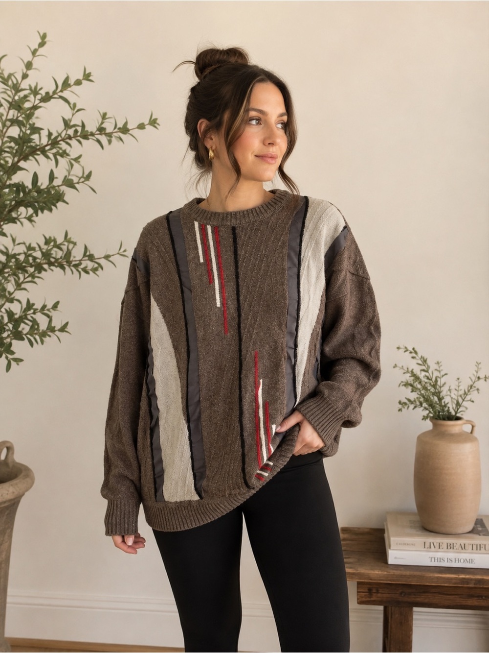 Vintage Wool Grandpa Sweater Brown Red Chunky Knit Made USA Unisex Large